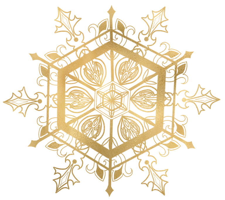 gold snowflake ornament featuring ornate hexagonal mandala pattern with holly leaves, Grey Barn Handwerk, Saskatchewan.